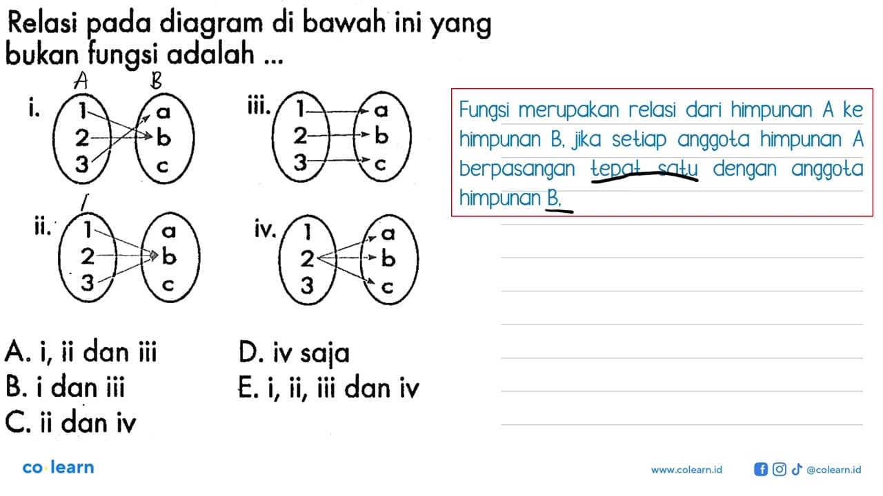 Relasi pada diagram di bawah ini yang bukan fungsi adalah