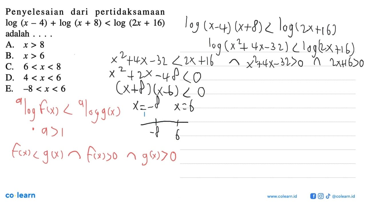 Penyelesaian dari pertidaksamaan log(x-4) + log(x+8) <