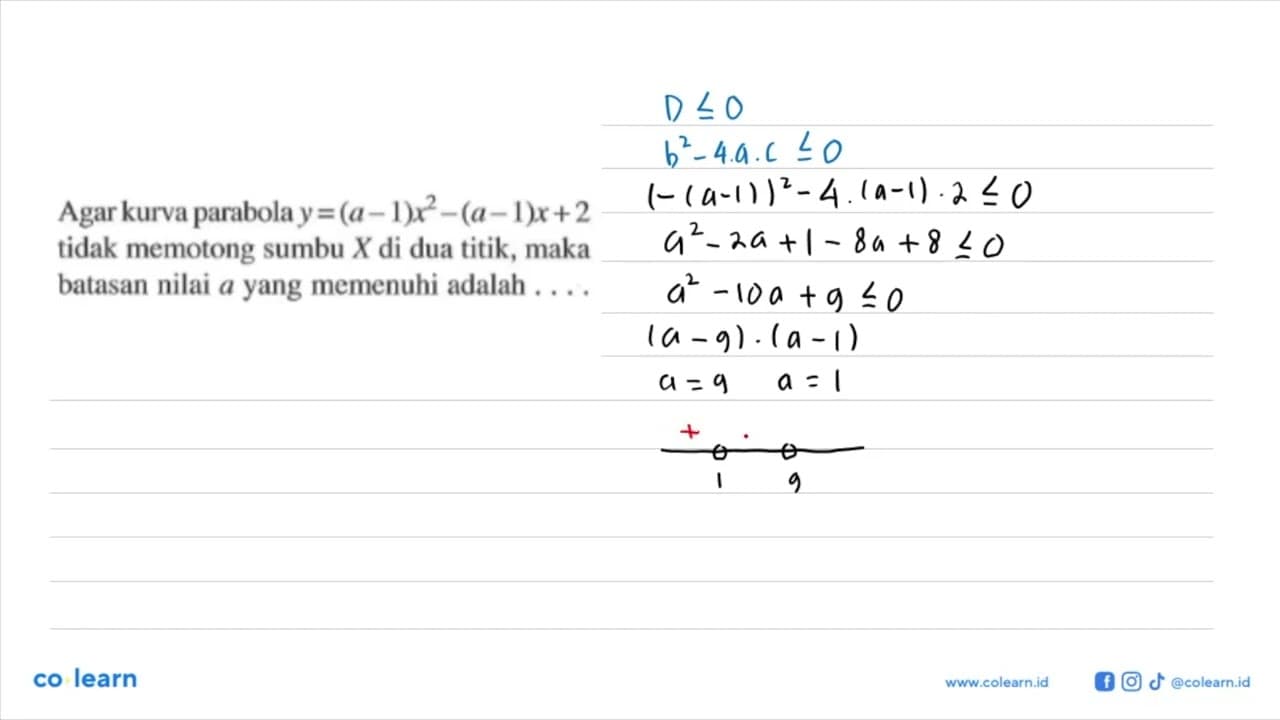 Agar kurva parabola y=(a-1)x^2-(a-1)x+2 tidak memotong