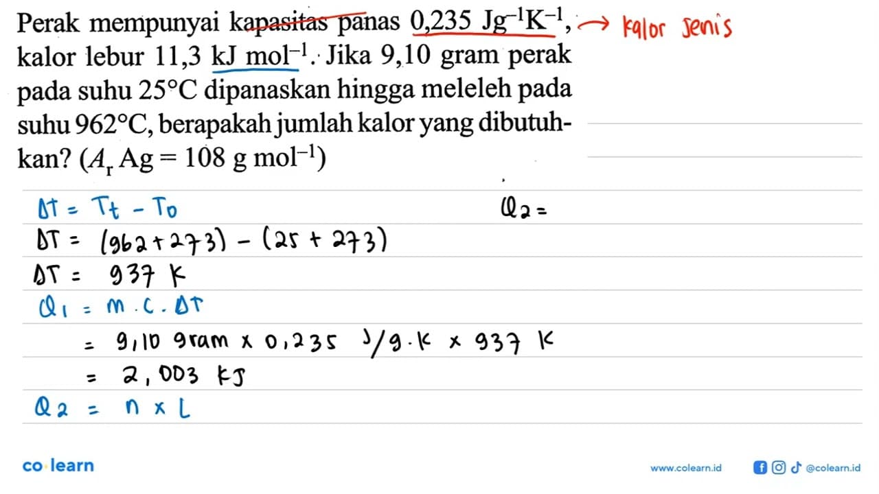 Perak mempunyai kapasitas panas 0,235 Jg^(-1) K^(-1), kalor