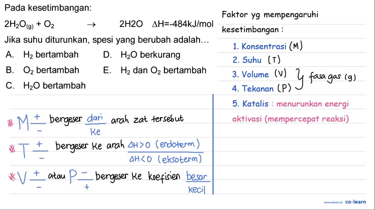 Pada kesetimbangan: 2H2O(g)+O2 -> 2H2O delta H=-484 kJ/mol