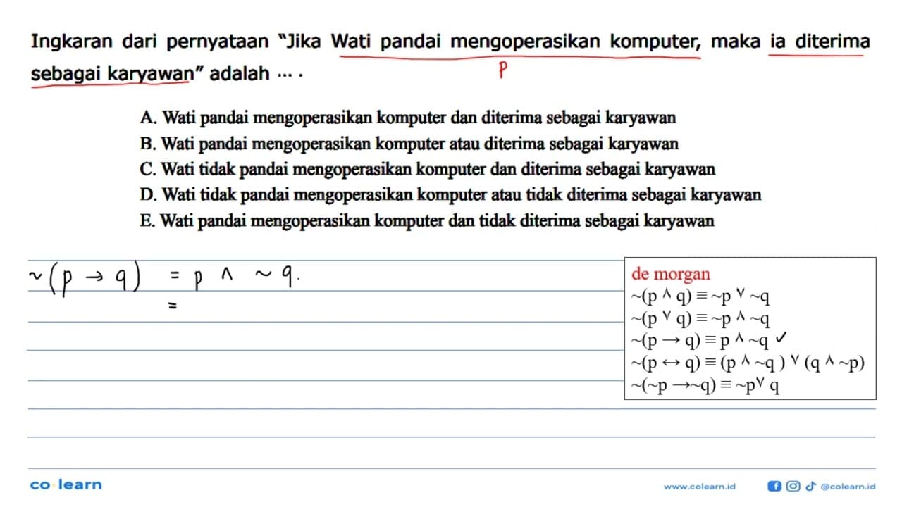 Ingkaran dari pernyataan 'Jika Wati pandai mengoperasikan