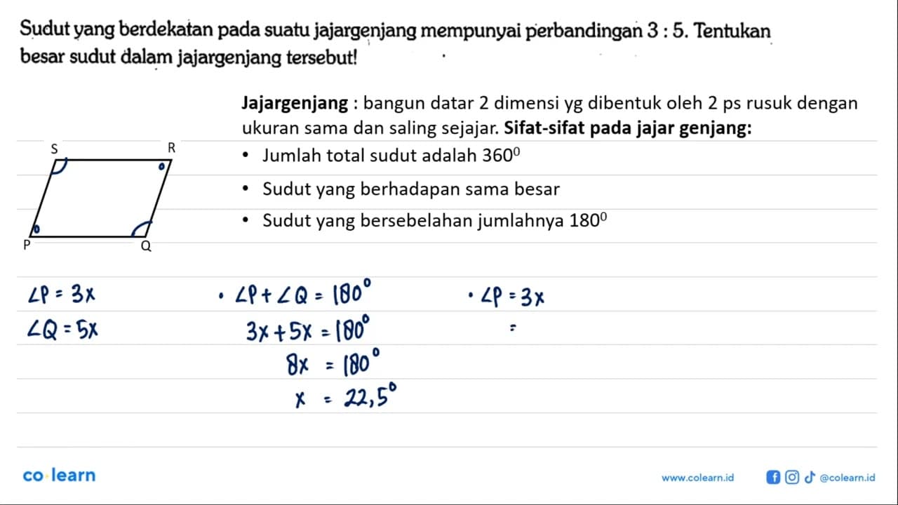 Sudut yang berdekatan pada suatu jajargenjang mempunyai