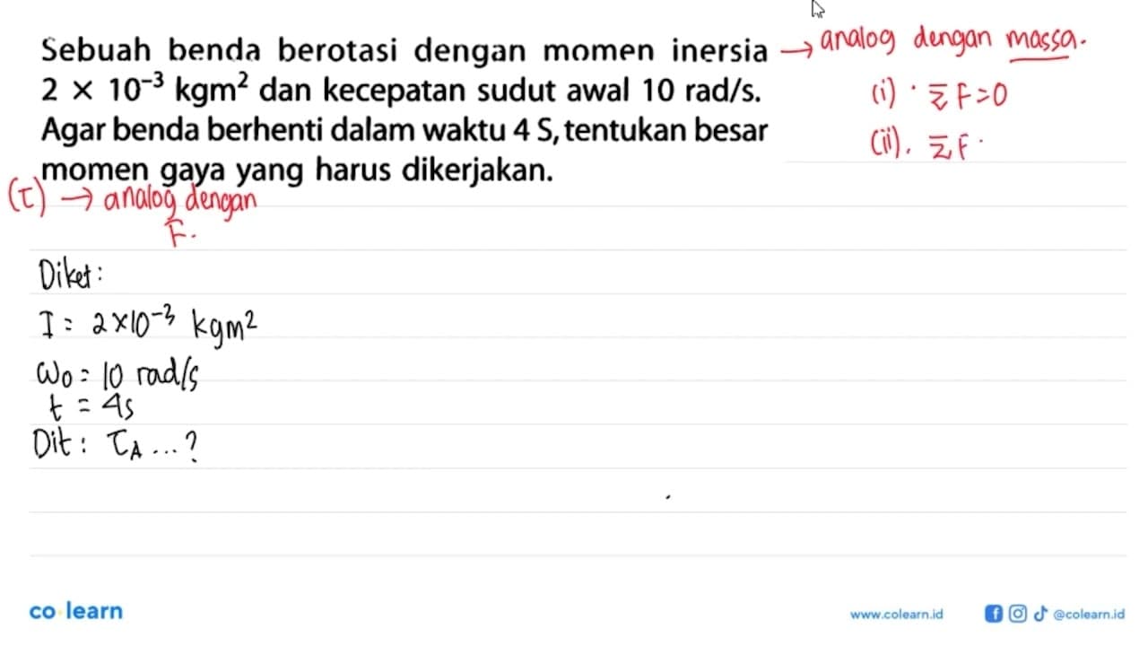 Sebuah benda berotasi dengan momen inersia 2 x 10^(-3)