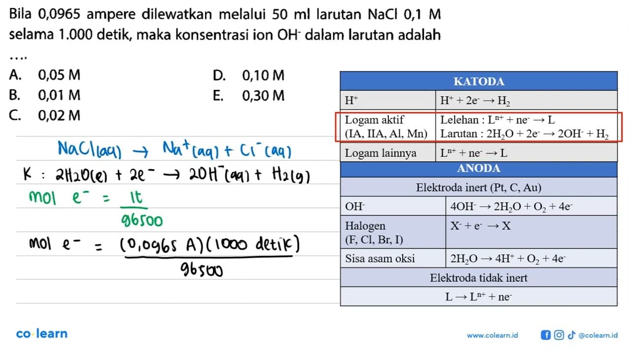 Bila 0,0965 ampere dilewatkan melalui 50 ml larutan NaCl