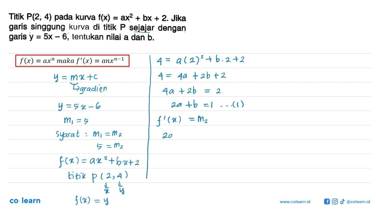 Titik P(2, 4) pada kurva f(x)=ax^2+bx+2. Jika garis