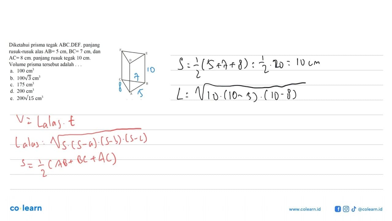 Diketahui prisma tegak ABC.DEF. panjang rusuk-rusuk alas