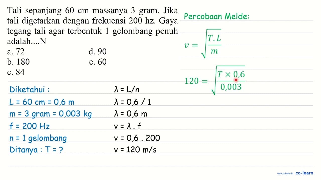 Tali sepanjang 60 cm massanya 3 gram. Jika tali digetarkan