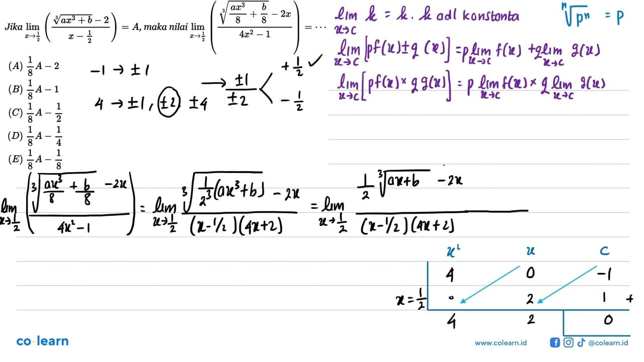 Jika lim x->1/2 (((ax^3+b)^(1/3)-2)/(x- 1/2))=A , maka