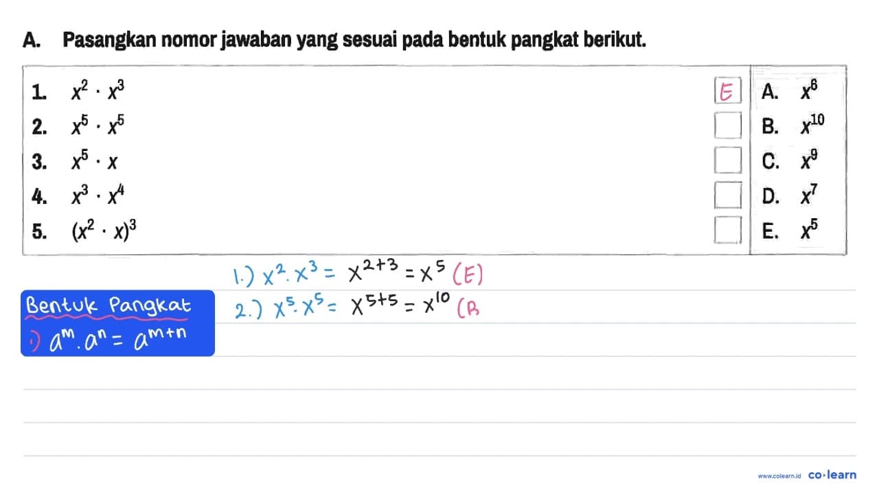 A. Pasangkan nomor jawaban yang sesuai pada bentuk pangkat