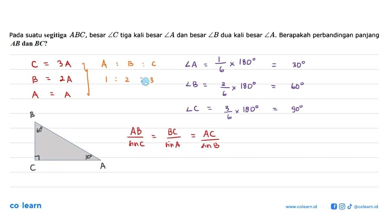 Pada suatu segitiga ABC, besar sudut C tiga kali besar