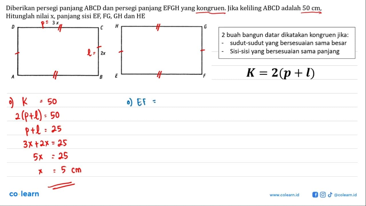 Diberikan persegi ABCD dan persegi EFGH yang kongruen. Jika