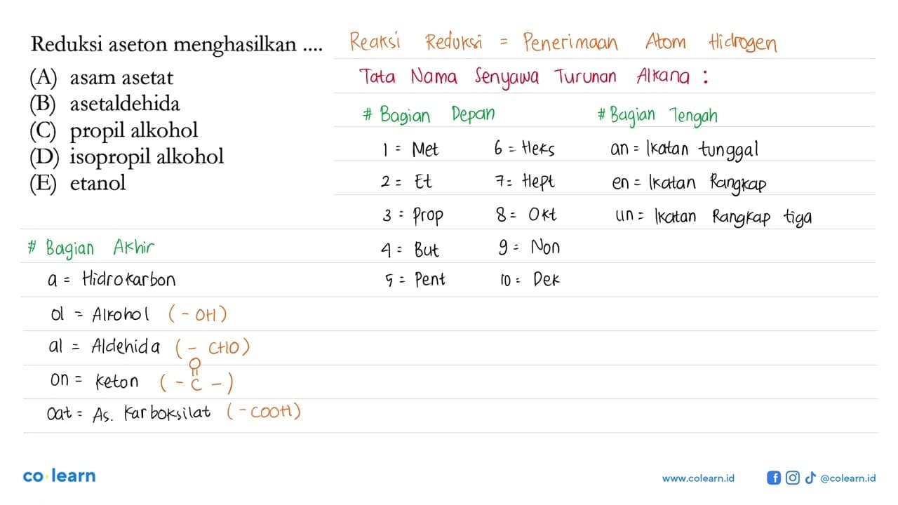 Reduksi aseton menghasilkan (A) asam asetat (B)