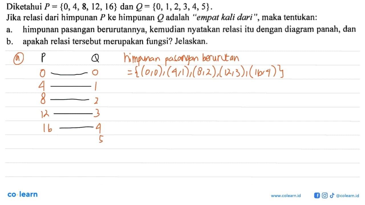 Diketahui P = {0, 4, 8, 12, 16} dan Q = {0, 1, 2, 3, 4, 5}.