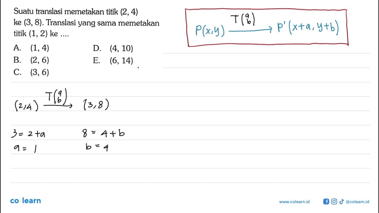 Suatu translasi memetakan titik (2, 4) ke (3, 8). Translasi