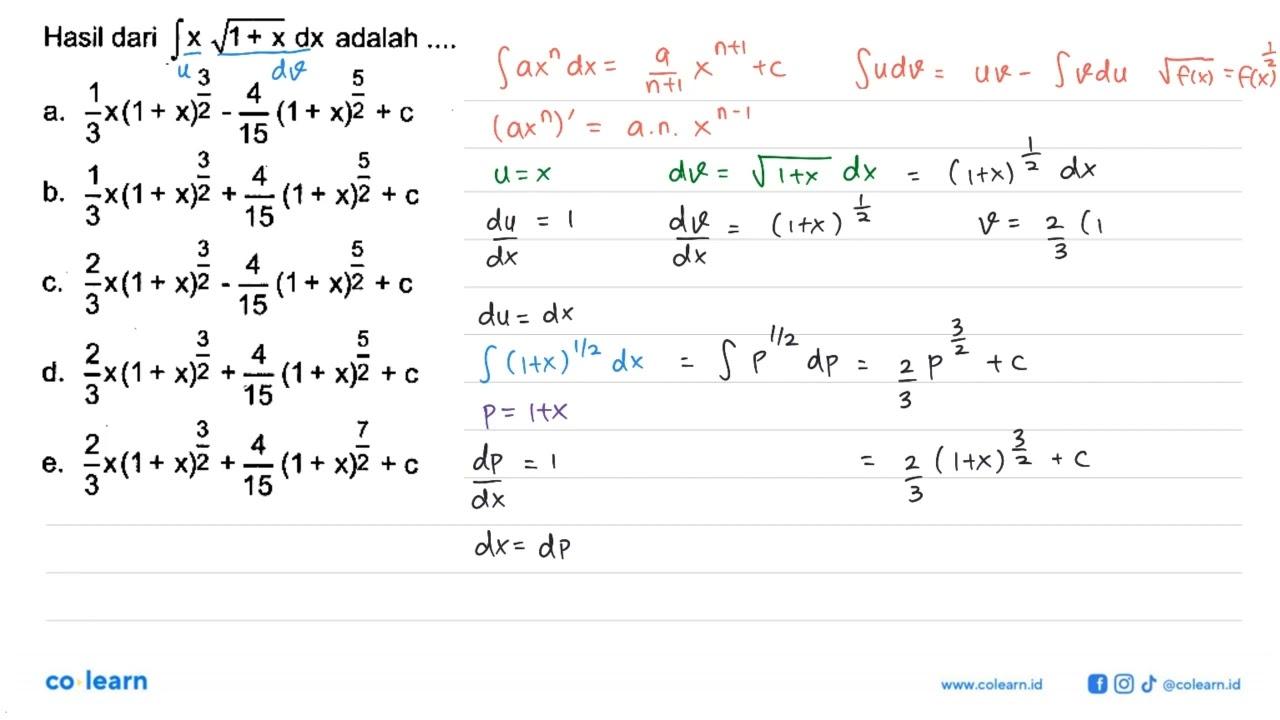 Hasil dari integral x akar(1+x) dx adalah ....