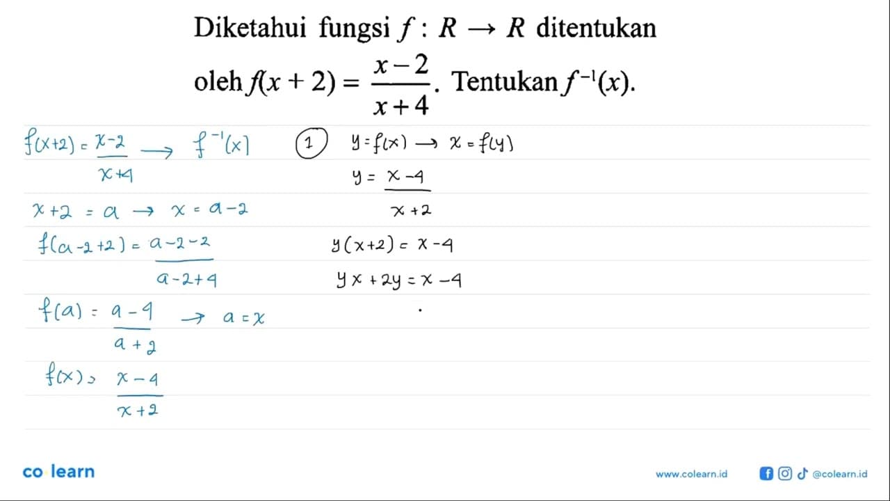 Diketahui fungsi f:R->R ditentukan oleh f(x+2)=(x-2)/(x+4)