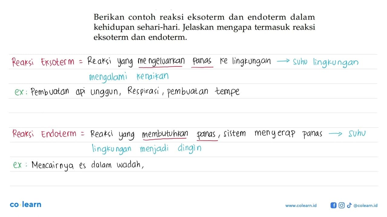 Berikan contoh reaksi eksoterm dan endoterm dalam kehidupan