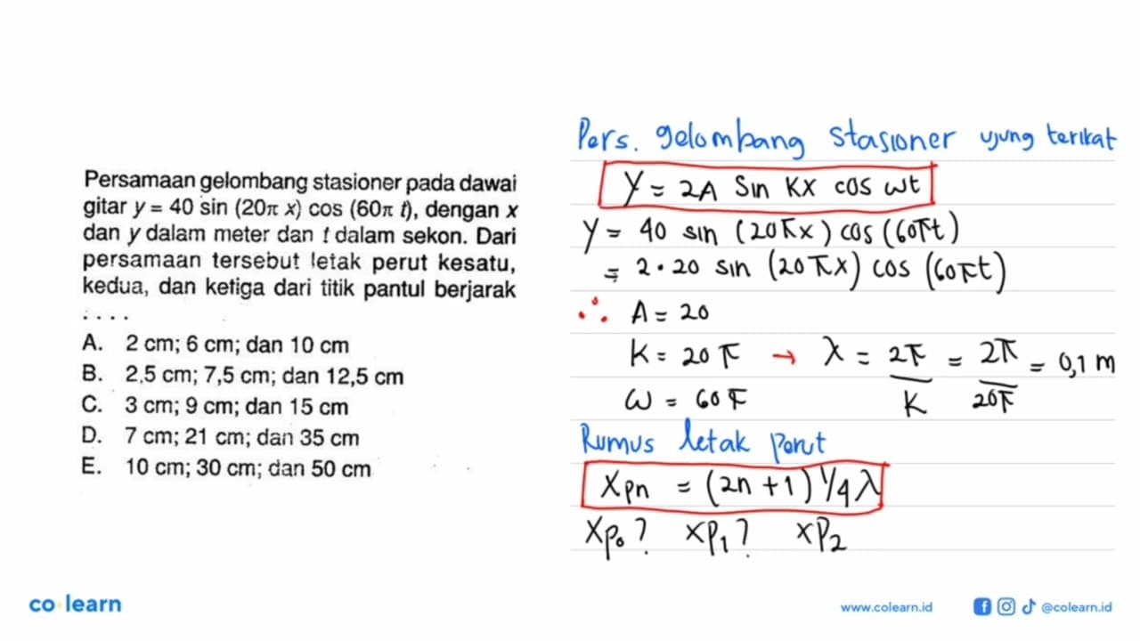 Persamaan gelombang stasioner pada dawai gitar y=40 sin (20