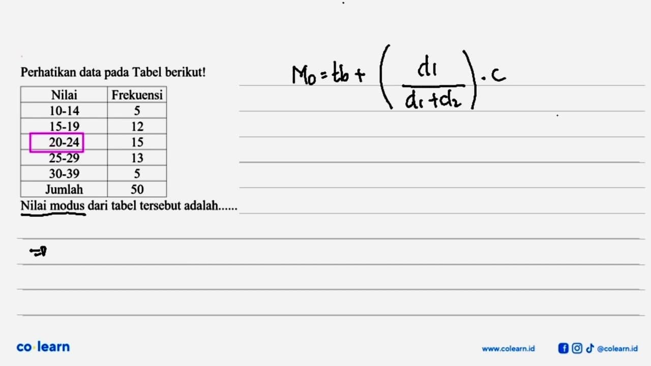 Perhatikan data pada Tabel berikut! Nilai Frekuensi 10-14 5