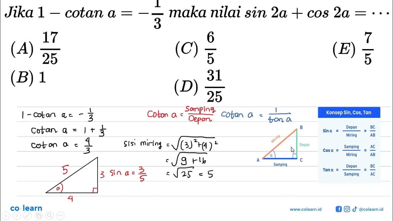 Jika 1-cotan a=-1/3 maka nilai sin 2a+cos 2a=....