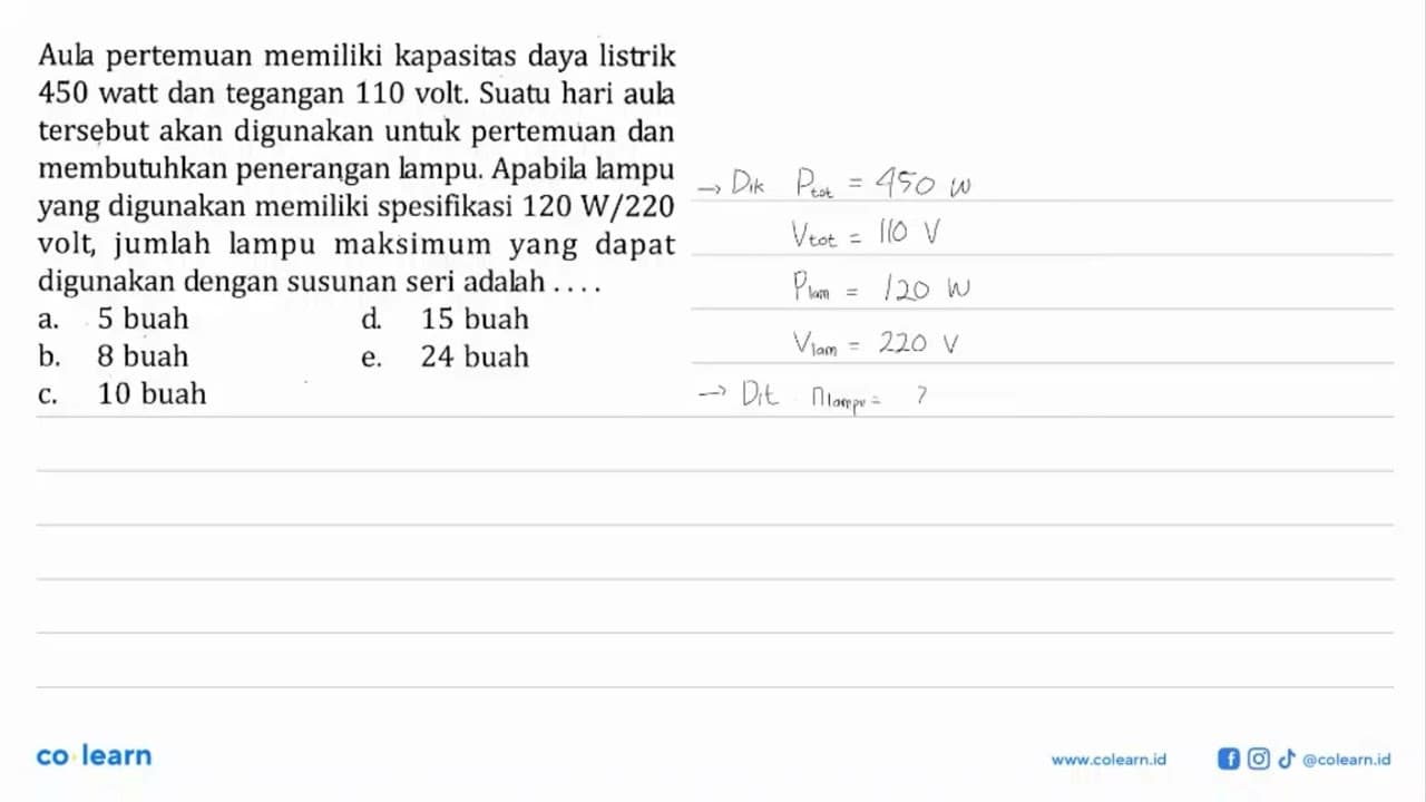 Aula pertemuan memiliki kapasitas daya listrik 450 watt dan