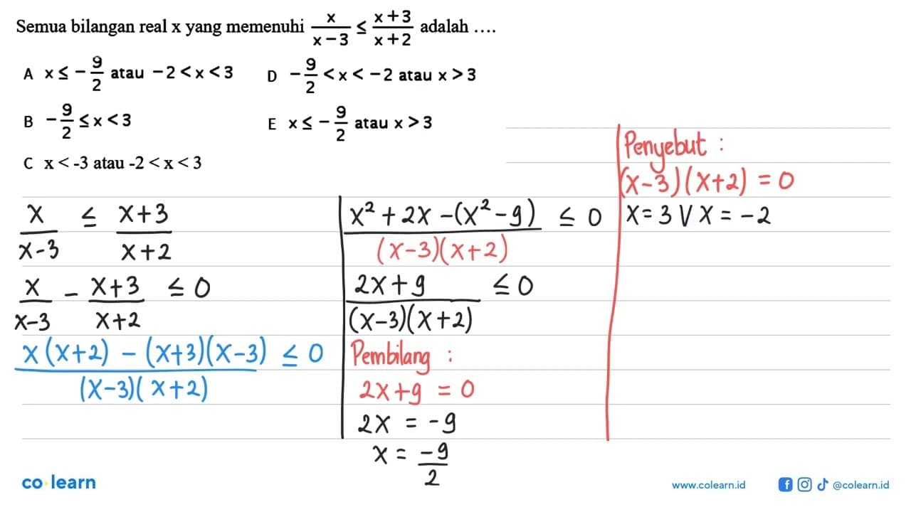 Semua bilangan real x yang memenuhi x/(x-3)<=(x+3)/(x+2)