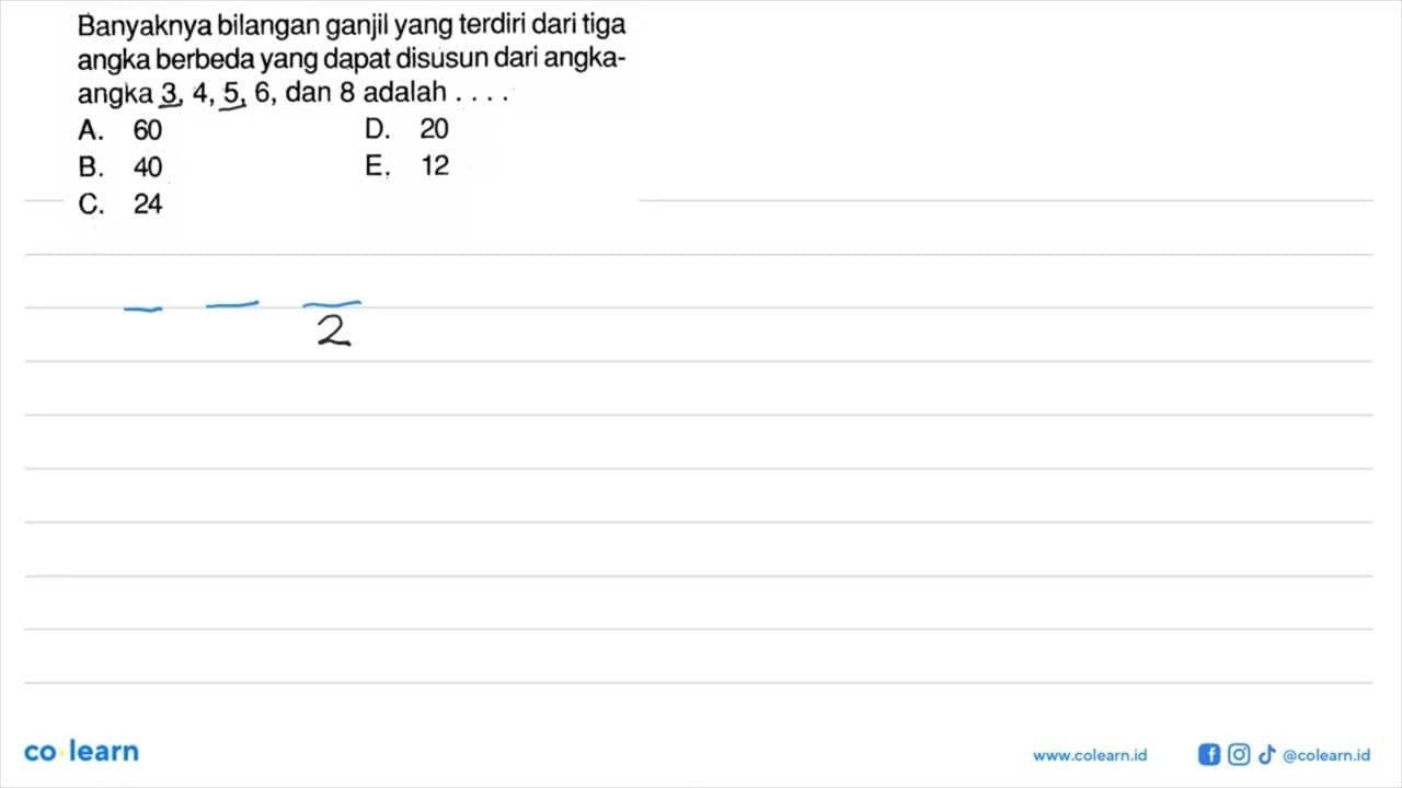 Banyaknya bilangan ganjil yang terdiri dari tiga angka