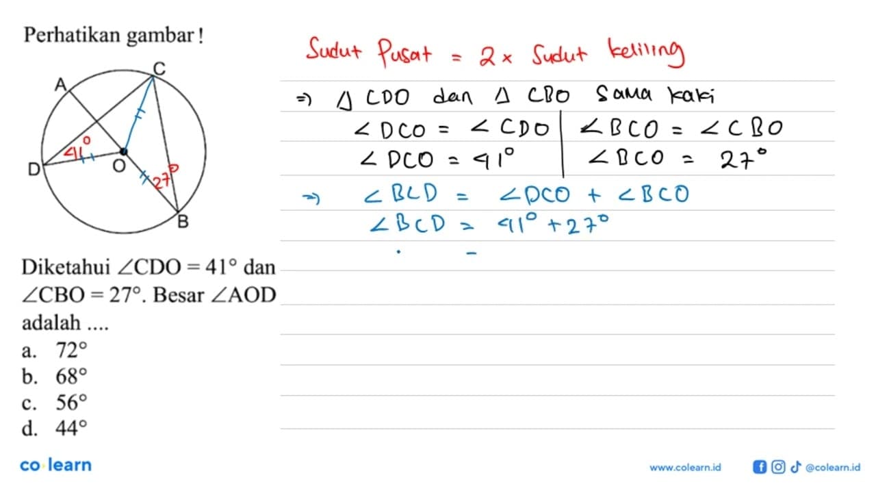 Perhatikan gambar!Diketahui sudut CDO=41 dan sudut CBO=27 .