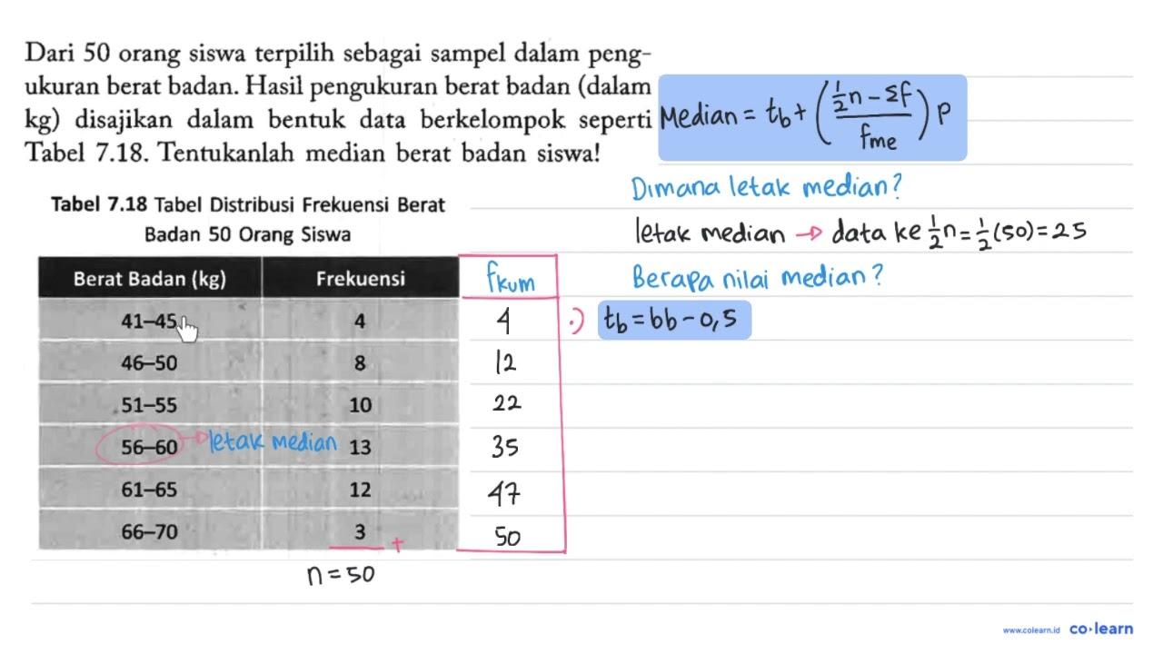 Tabel 7.18 Tabel Distribusi Frekuensi Berat Badan 50 Orang