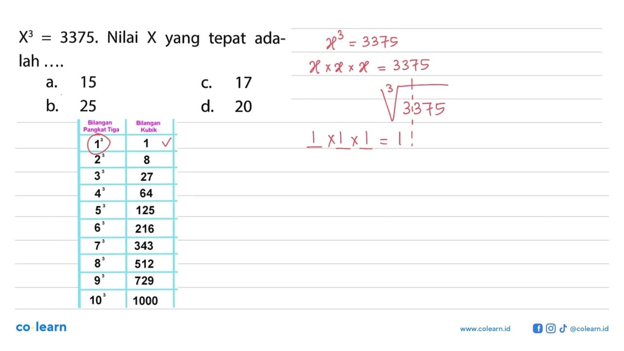 X^3 = 3375. Nilai X yang tepat ada-lah ....