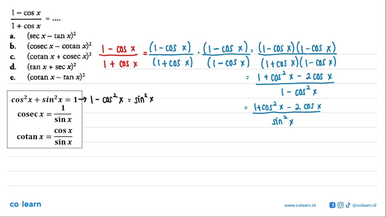 (1-cos x)/(1+cos x)= ...