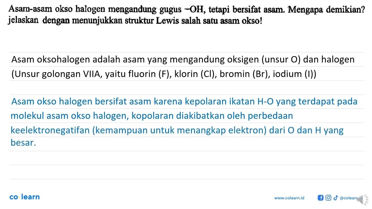 Asam-asam okso halogen mengandung gugus -OH, tetapi