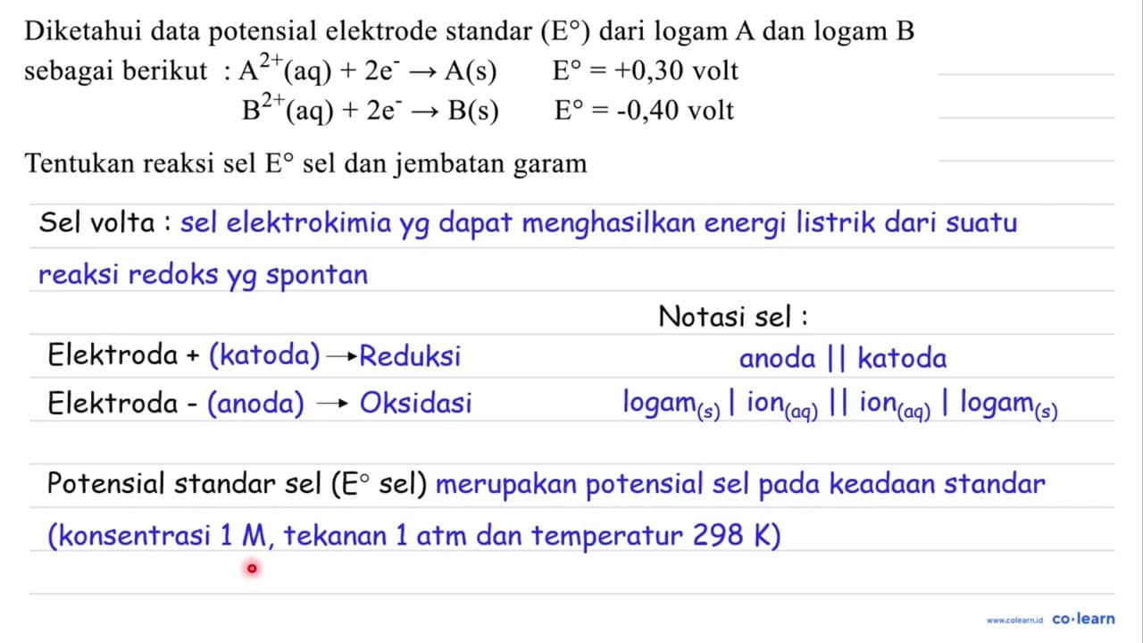 Diketahui data potensial elektrode standar (E) dari log a m