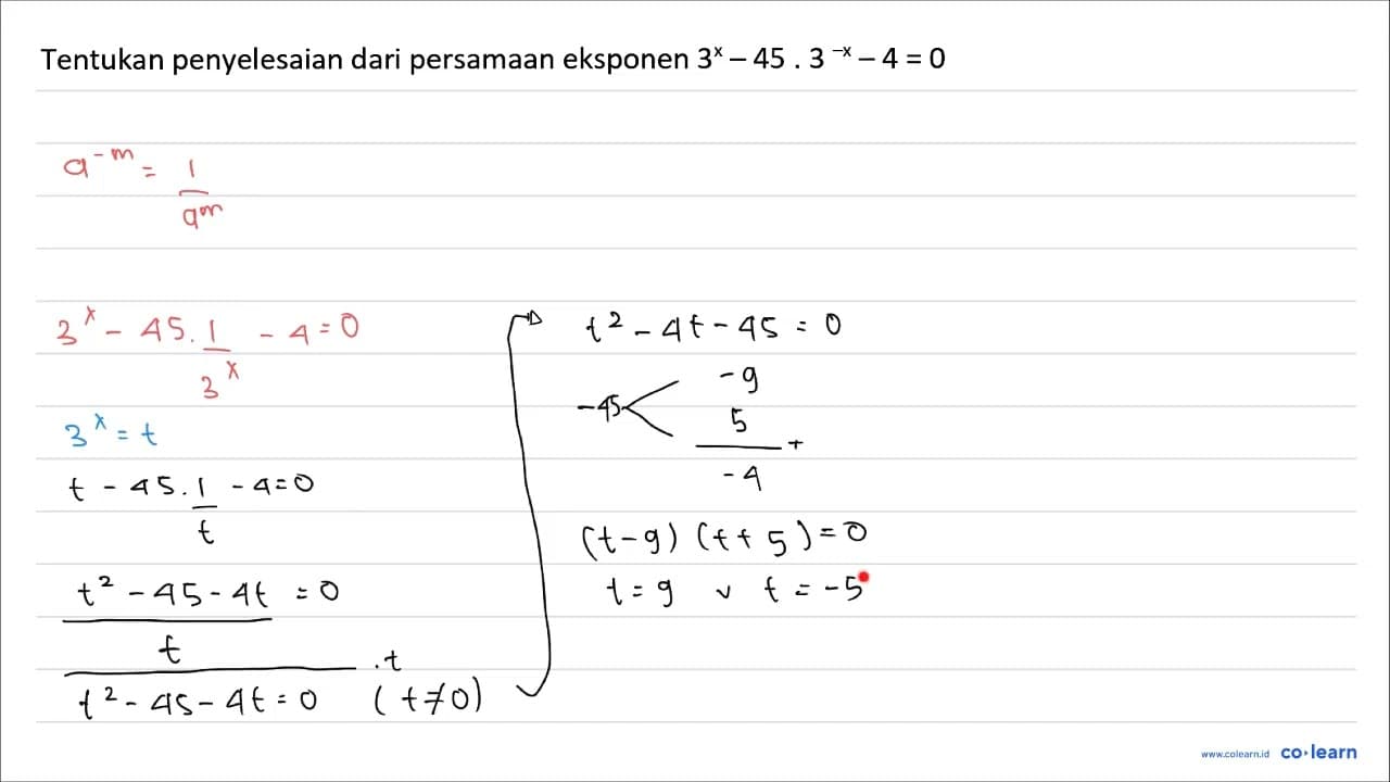 Tentukan penyelesaian dari persamaan eksponen 3^(x)-45 .