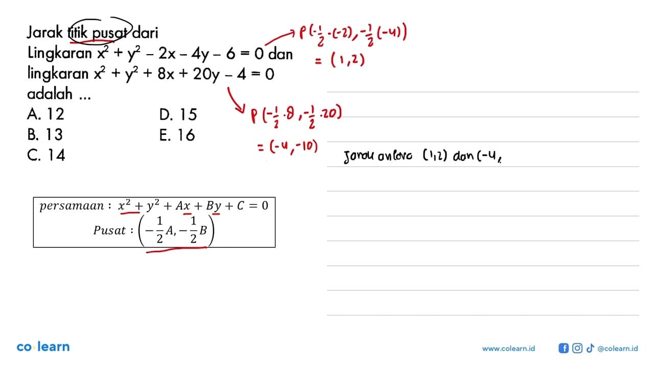 Jarak titik pusat dariLingkaran x^2+y^2-2 x-4 y-6=0 dan