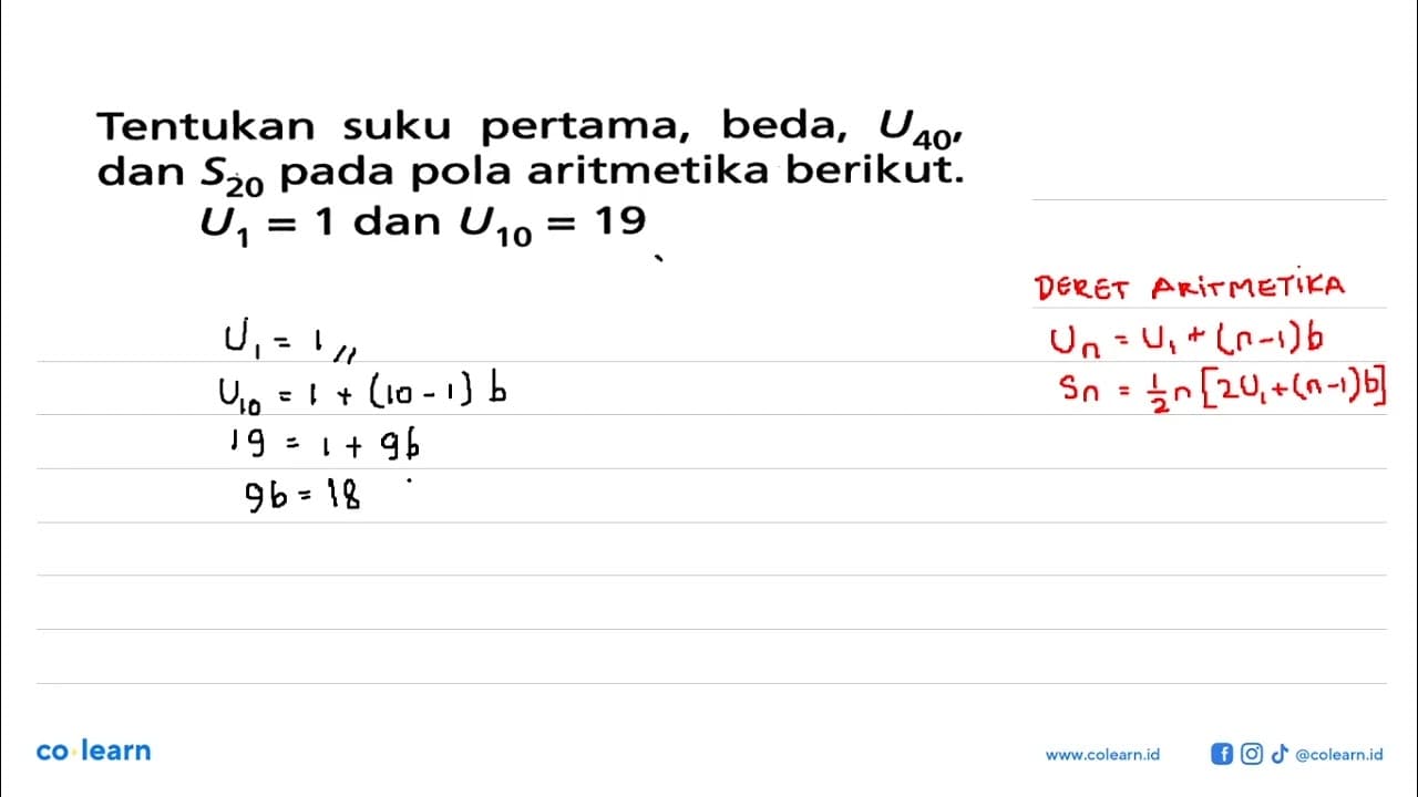 Tentukan suku pertama , beda , U40 , dan S20 pada pola