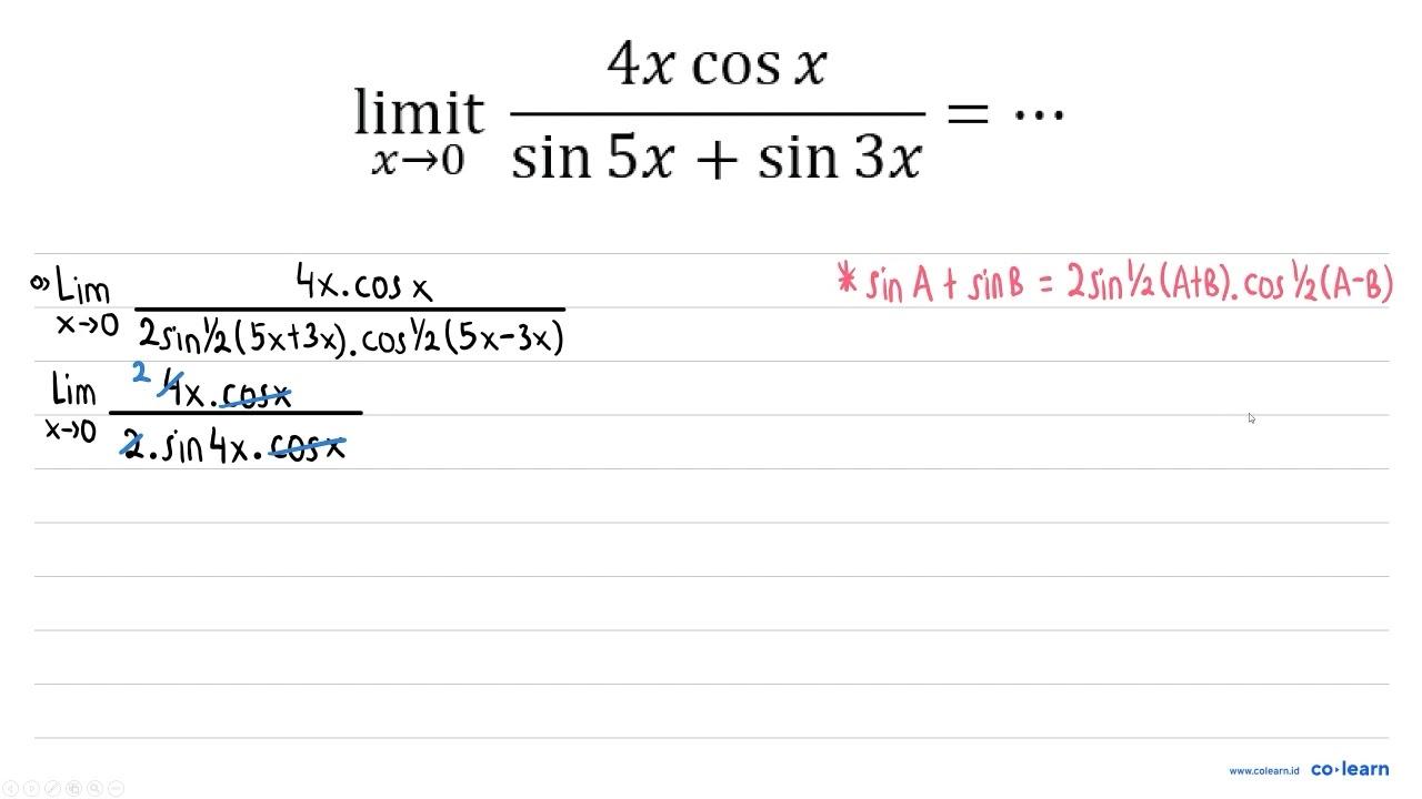 limit_(x -> 0) (4 x cos x)/(sin 5 x+sin 3 x)=..