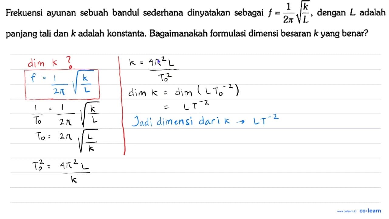 Frekuensi ayunan sebuah bandul sederhana dinyatakan sebagai