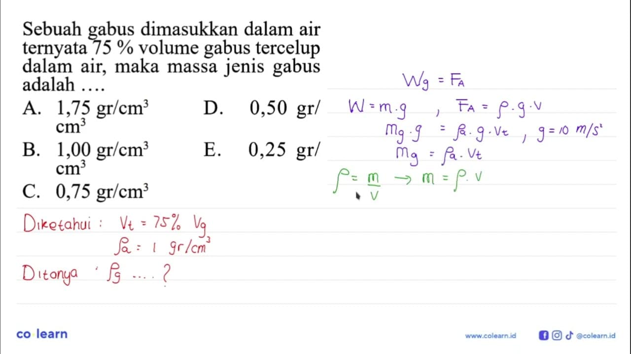 Sebuah gabus dimasukkan dalam air ternyata 75 % volume