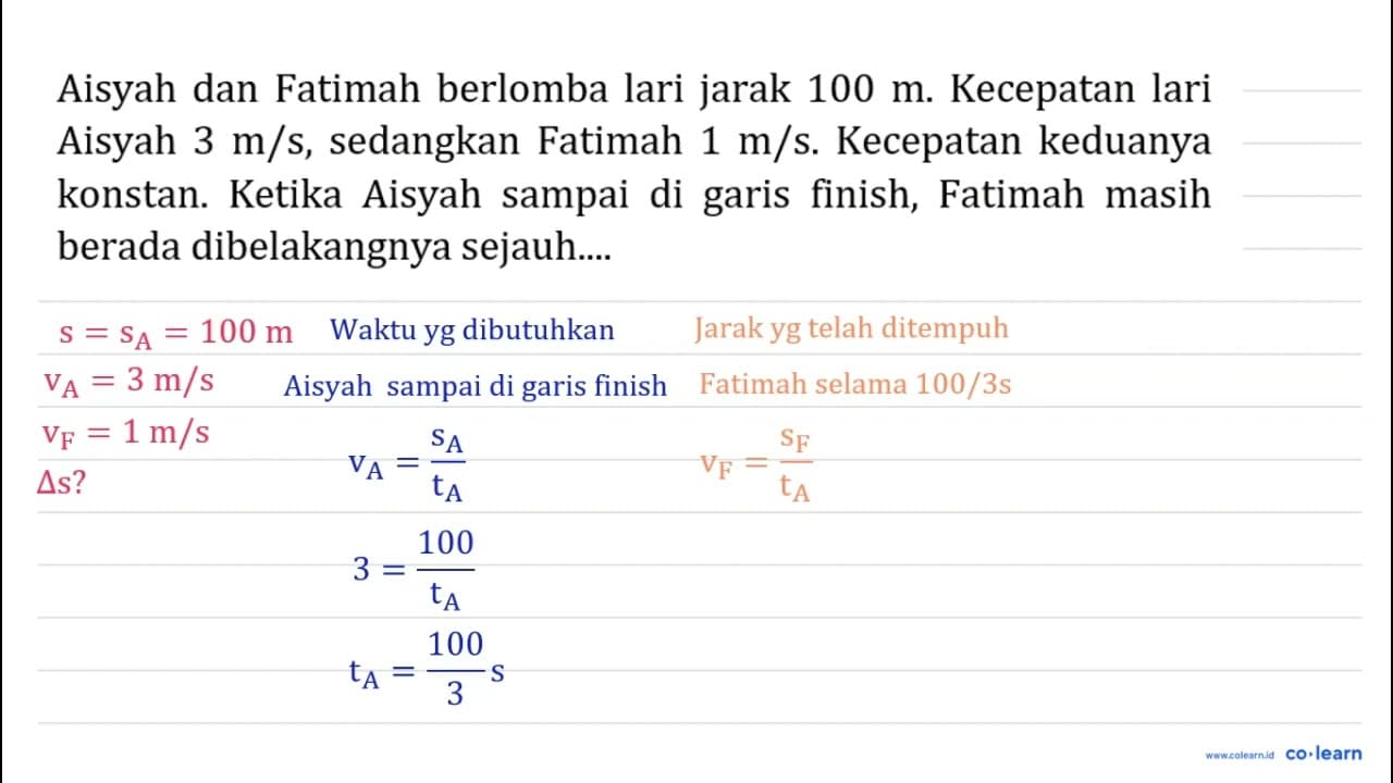 Aisyah dan Fatimah berlomba lari jarak 100 m . Kecepatan