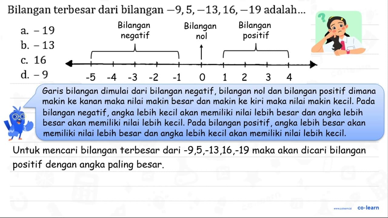 Bilangan terbesar dari bilangan -9,5,-13,16,-19 adalah...