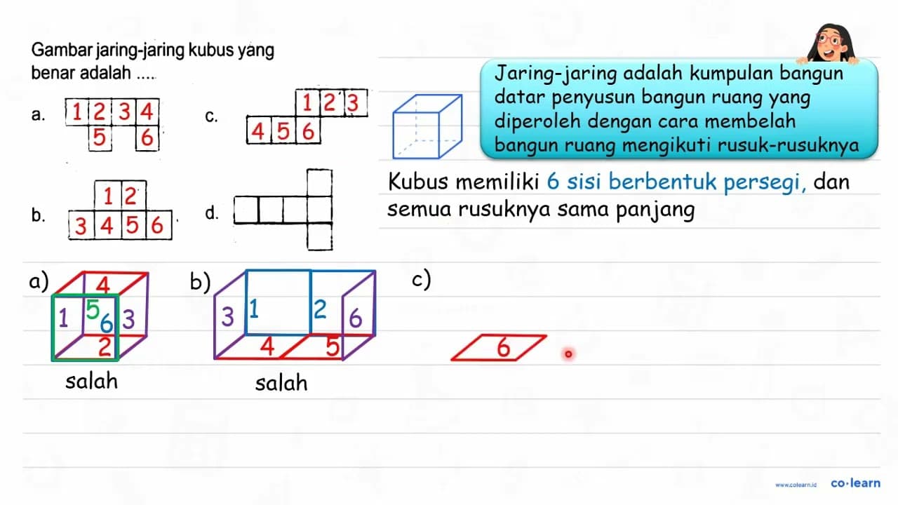 Gambar jaring-jaring kubus yang benar adalah .... a. c. b.