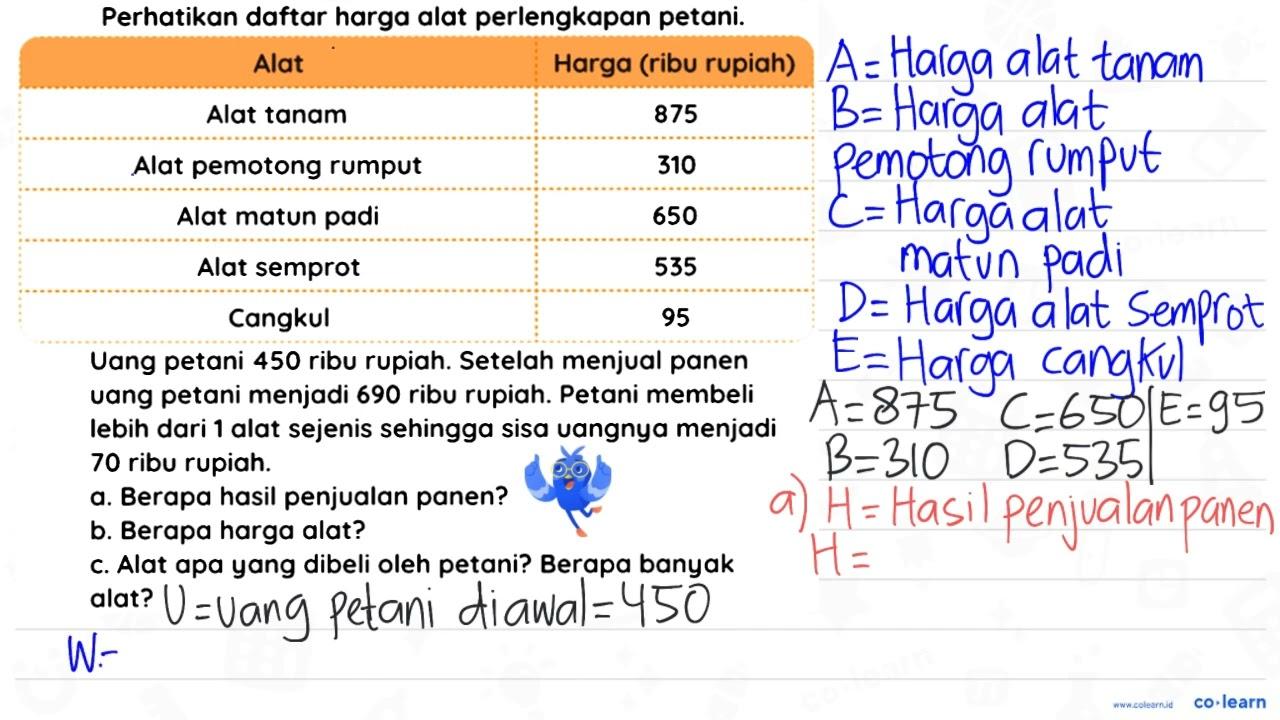 Perhatikan daftar harga alat perlengkapan petani.