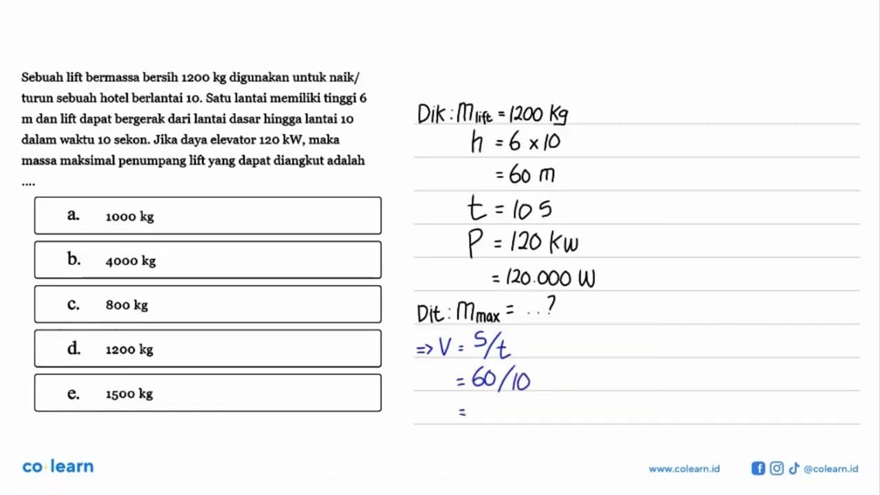 Sebuah lift bermassa bersih 1200 kg digunakan untuk