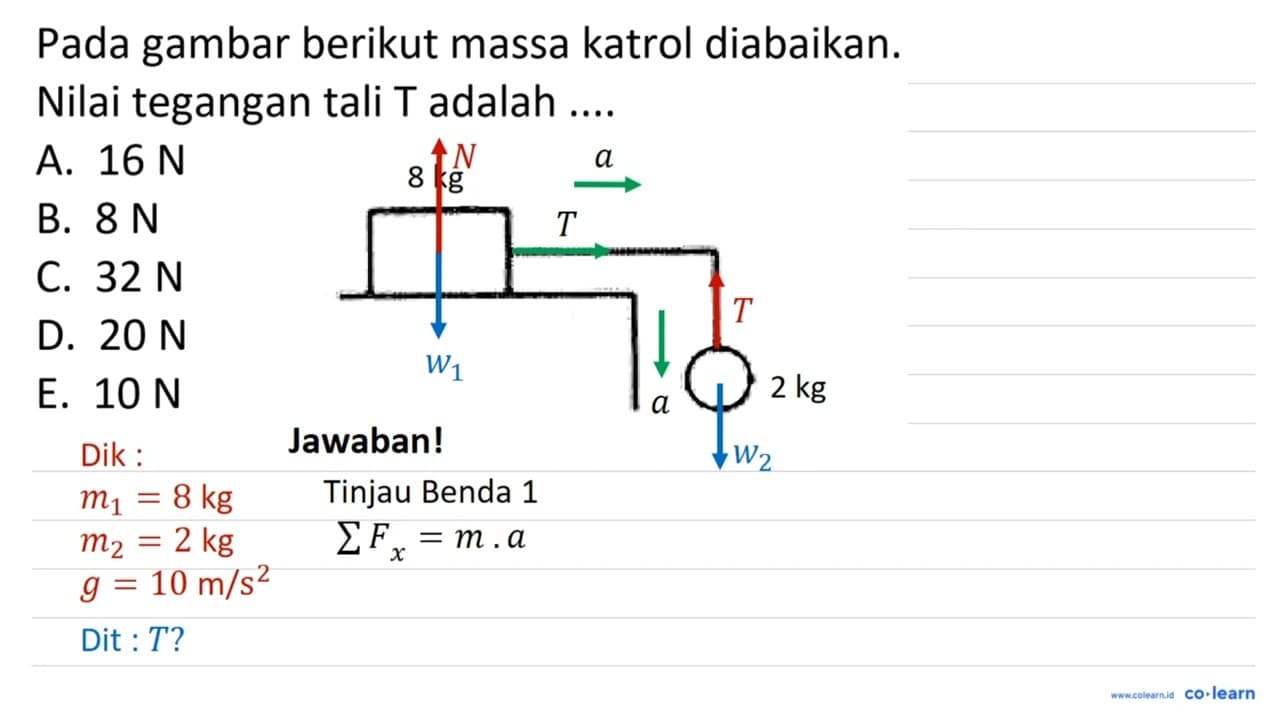 Pada gambar berikut massa katrol diabaikan. Nilai tegangan