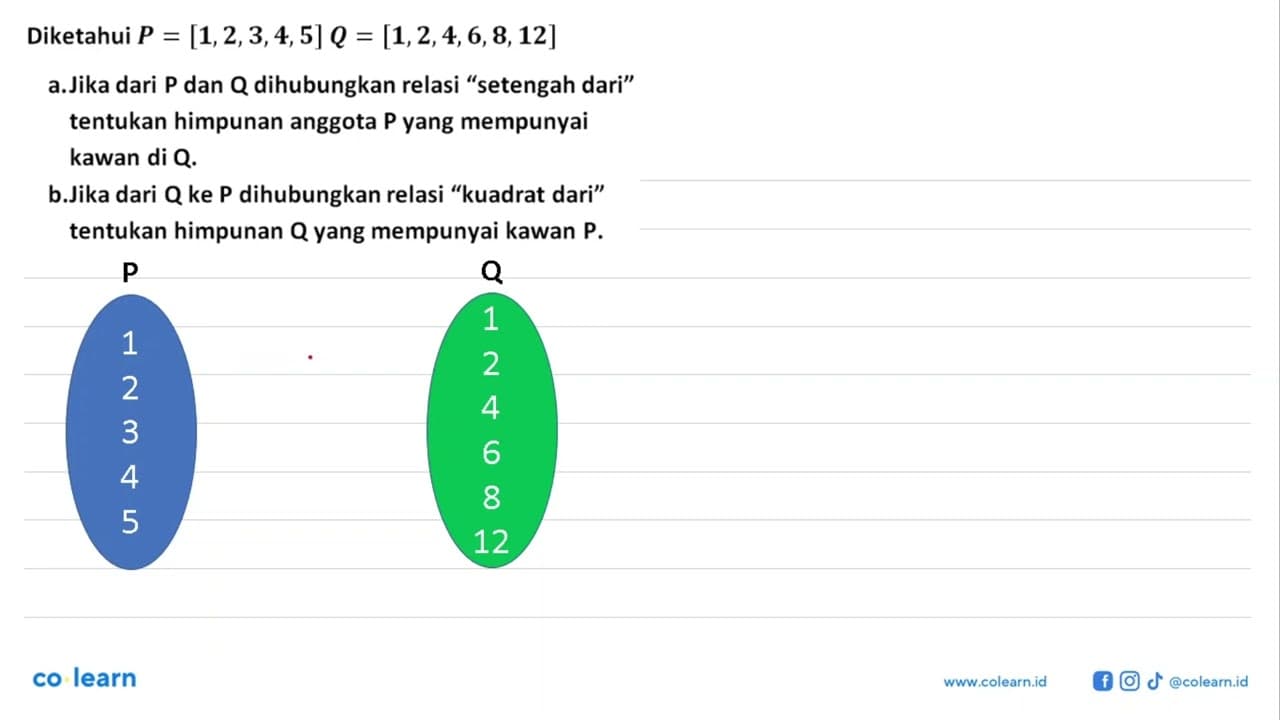 Diketahui P = [1,2,3,4,5] Q = [1,2,4,6,8,12] a. Jika dari P