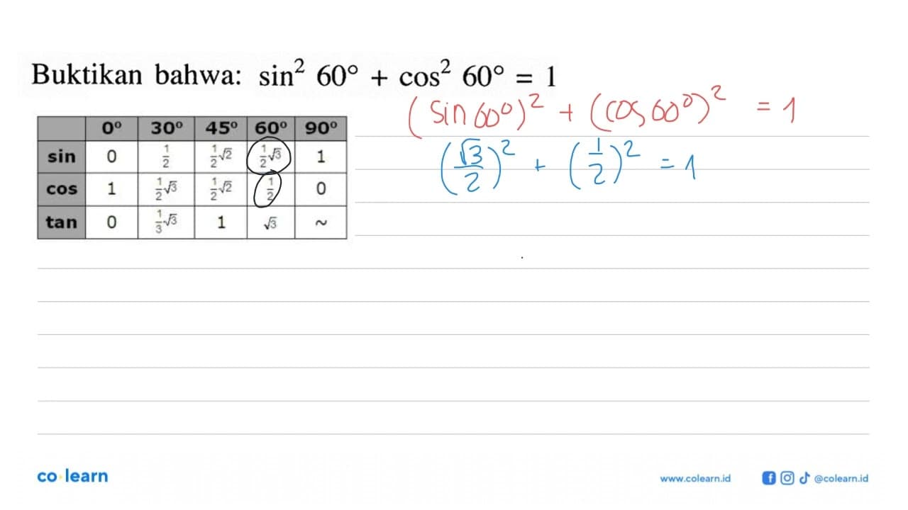 Buktikan bahwa: sin^2 60+cos^2 60=1