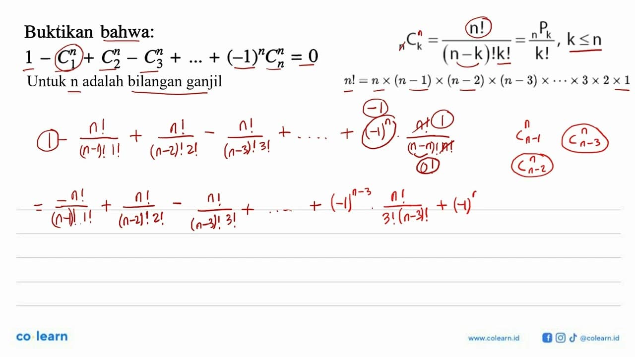 Buktikan bahwa:1-n C 1+n C 2-n C 3+...+(-1)^n n C n=0