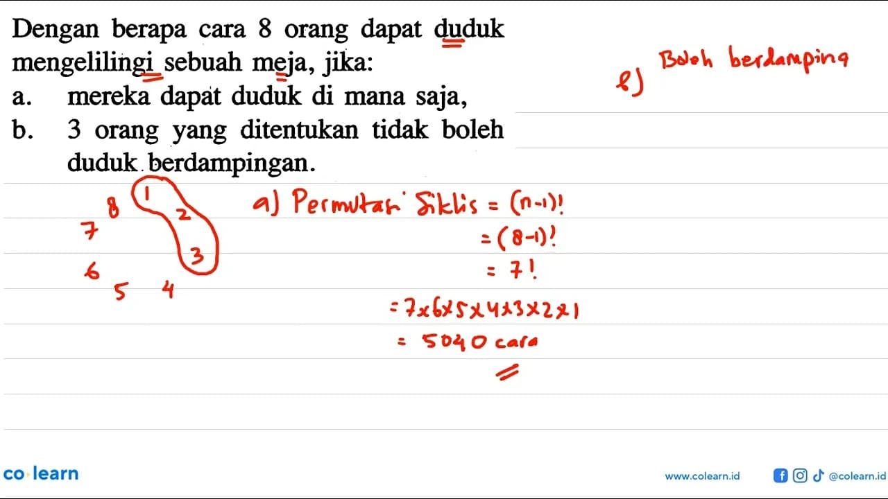 Dengan berapa cara 8 orang dapat duduk mengelilingi sebuah